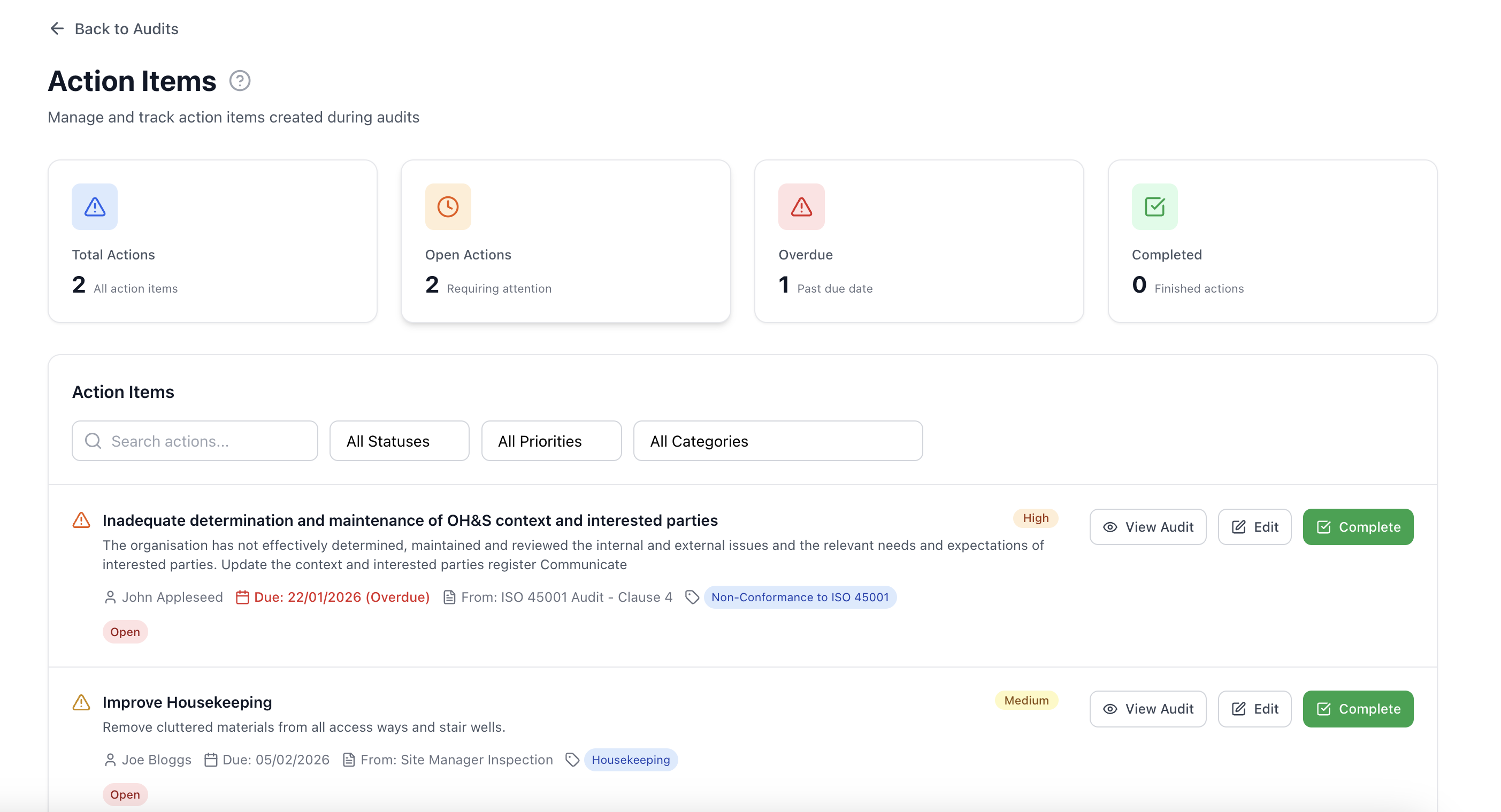 Actions Dashboard in Safety Mate®