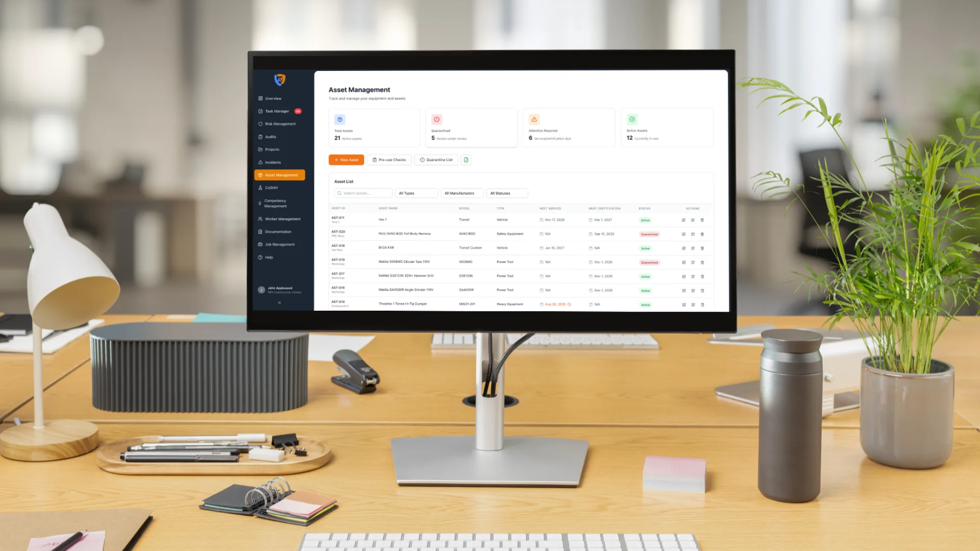 Asset register in Safety Mate® with service, certification and quarantine status