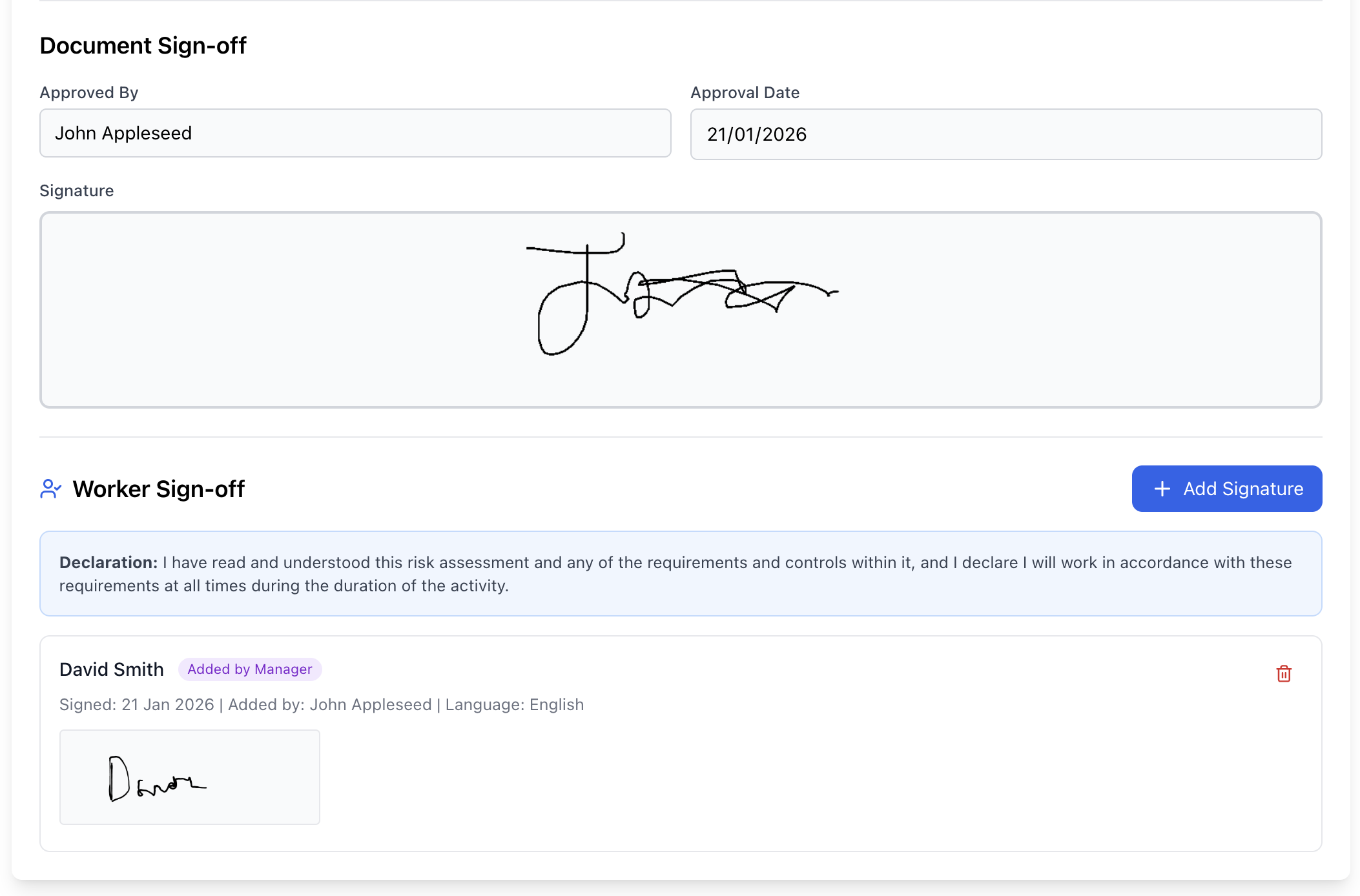 Digital signatures for acknowledgement in Safety Mate®