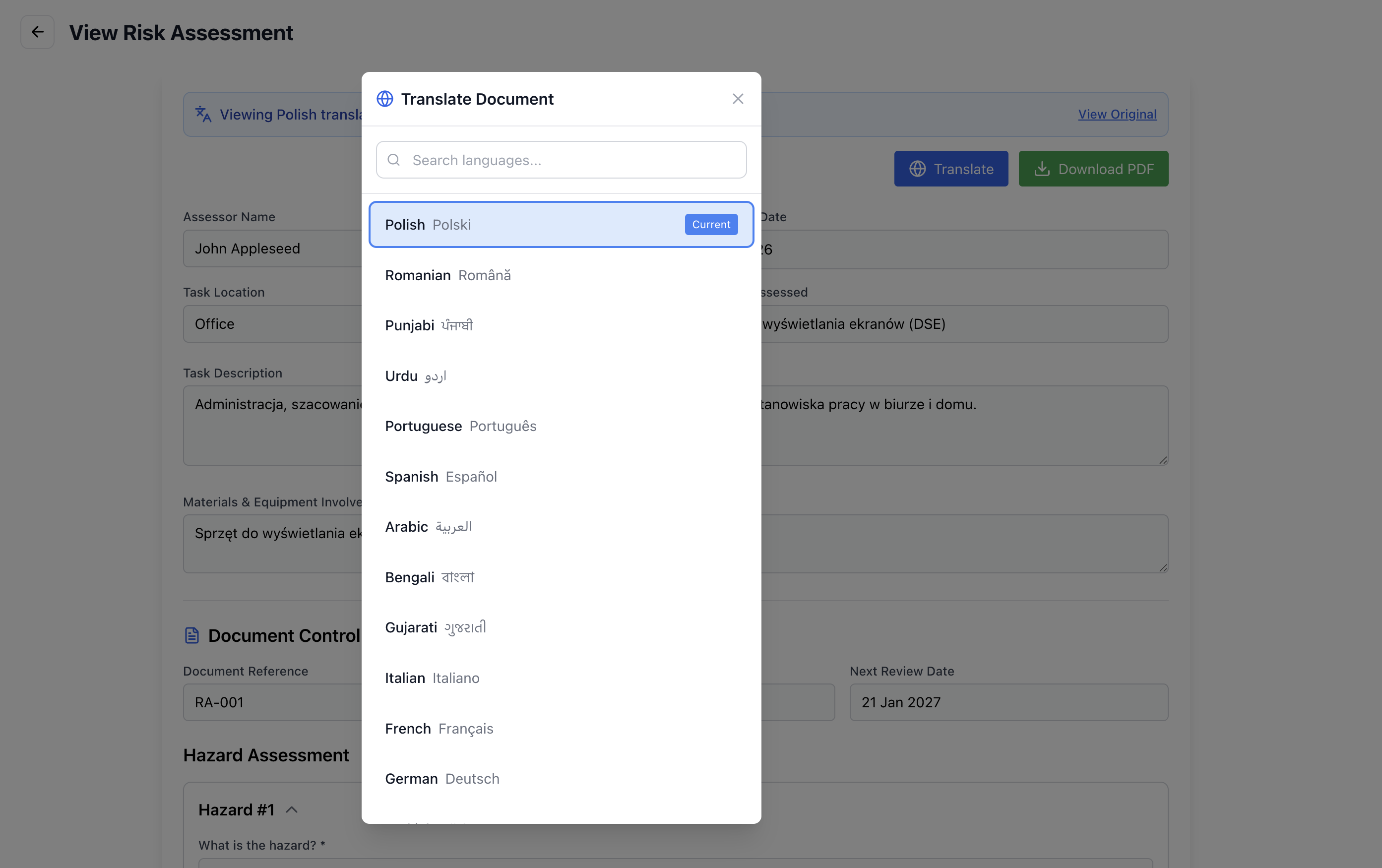 Multi-language translation in Safety Mate®