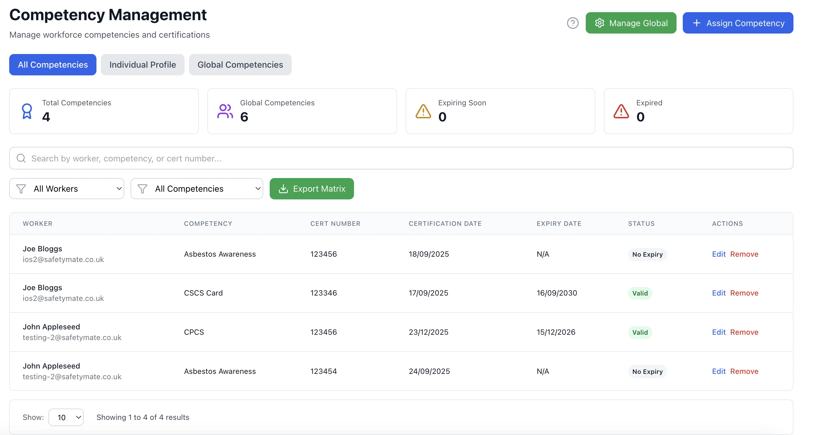 Safety Mate® competency management screen