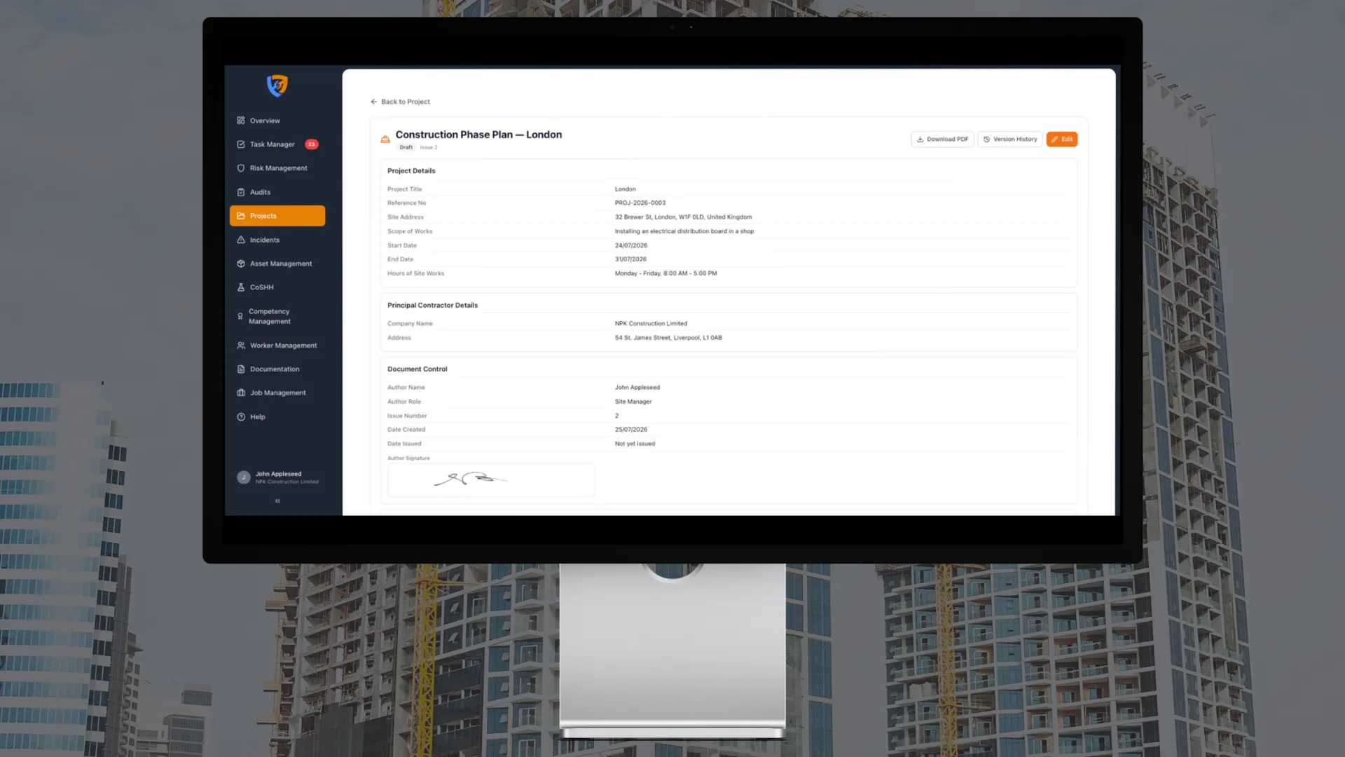 Construction phase plan with project details, principal contractor and document control in Safety Mate®