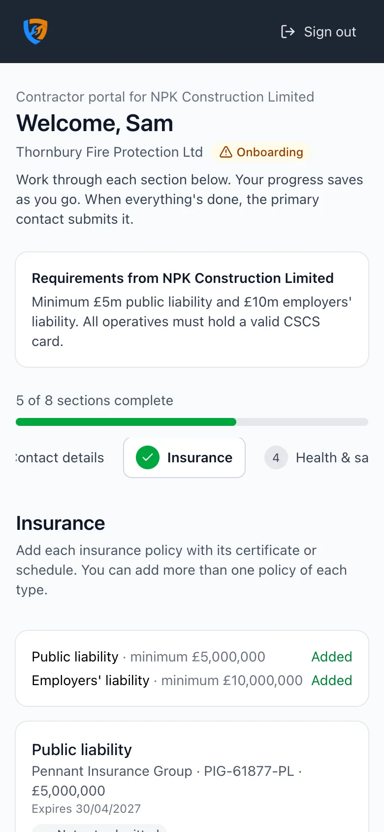Contractor portal on a phone showing onboarding sections and progress in Safety Mate®