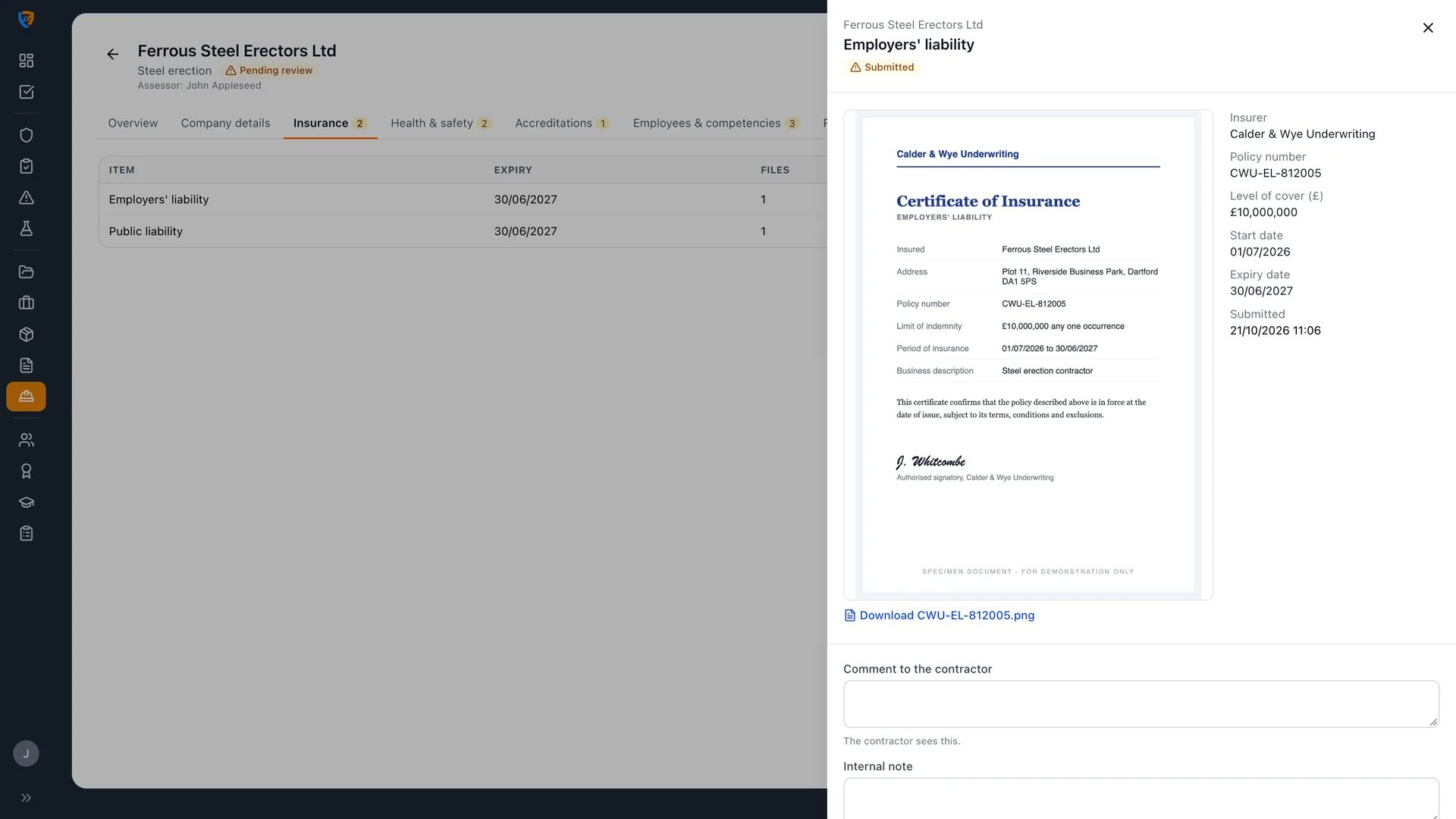 Reviewing a contractor's public liability insurance certificate in the Safety Mate® review drawer
