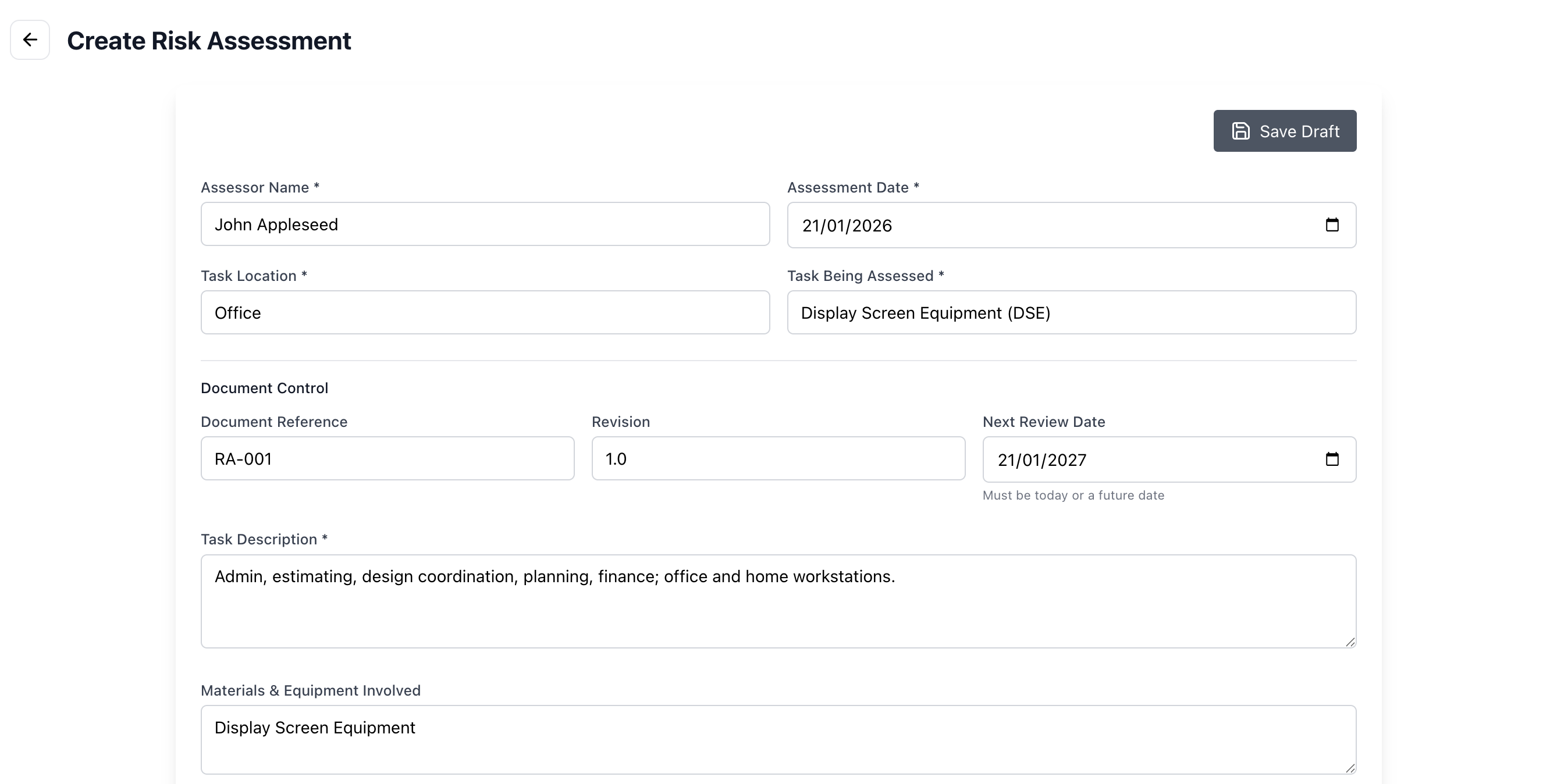 Creating a new risk assessment in Safety Mate®