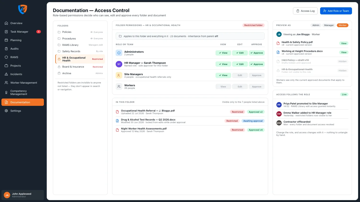 Role-based folder and document permissions in Safety Mate® with restricted folders and per-role preview
