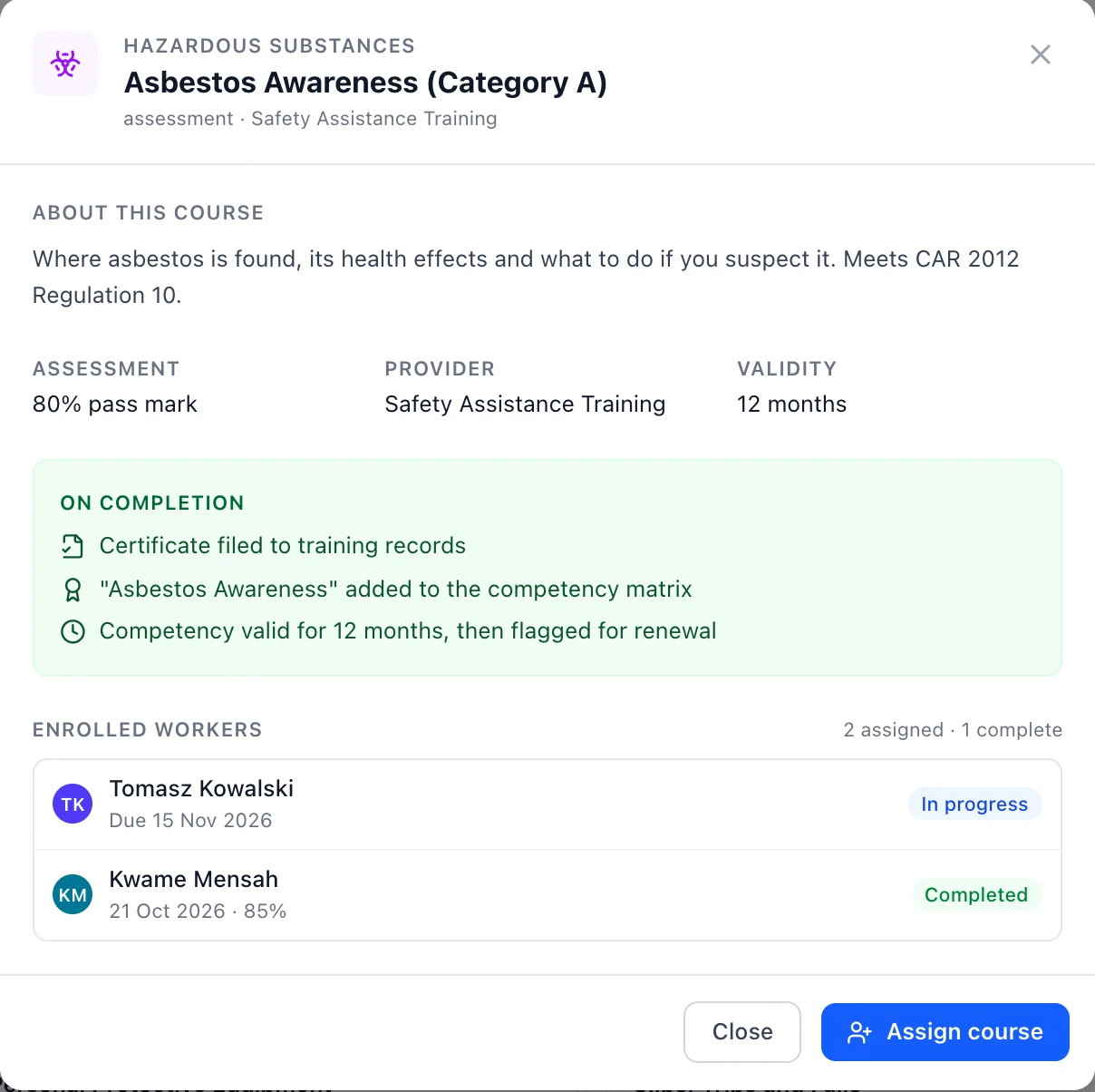 Course details for Asbestos Awareness in Safety Mate®, showing the pass mark, validity, the competency added on completion and enrolled workers