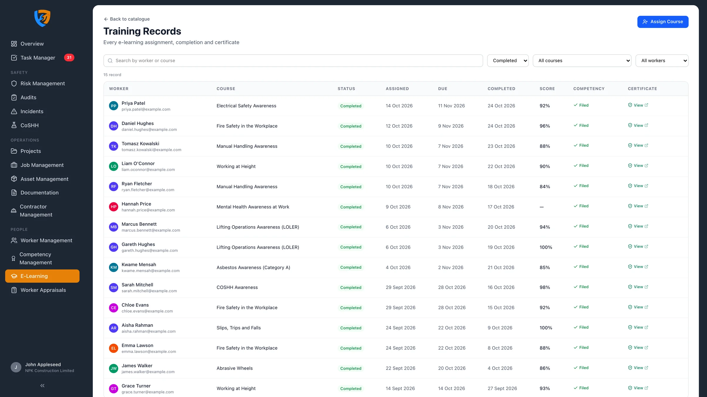 Training Records in Safety Mate® filtered to completed courses, with scores, filed competencies and certificate links