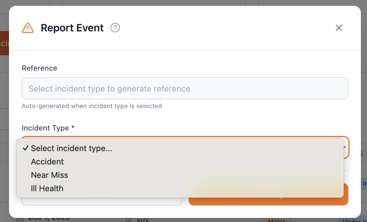 Selecting incident type in Safety Mate®