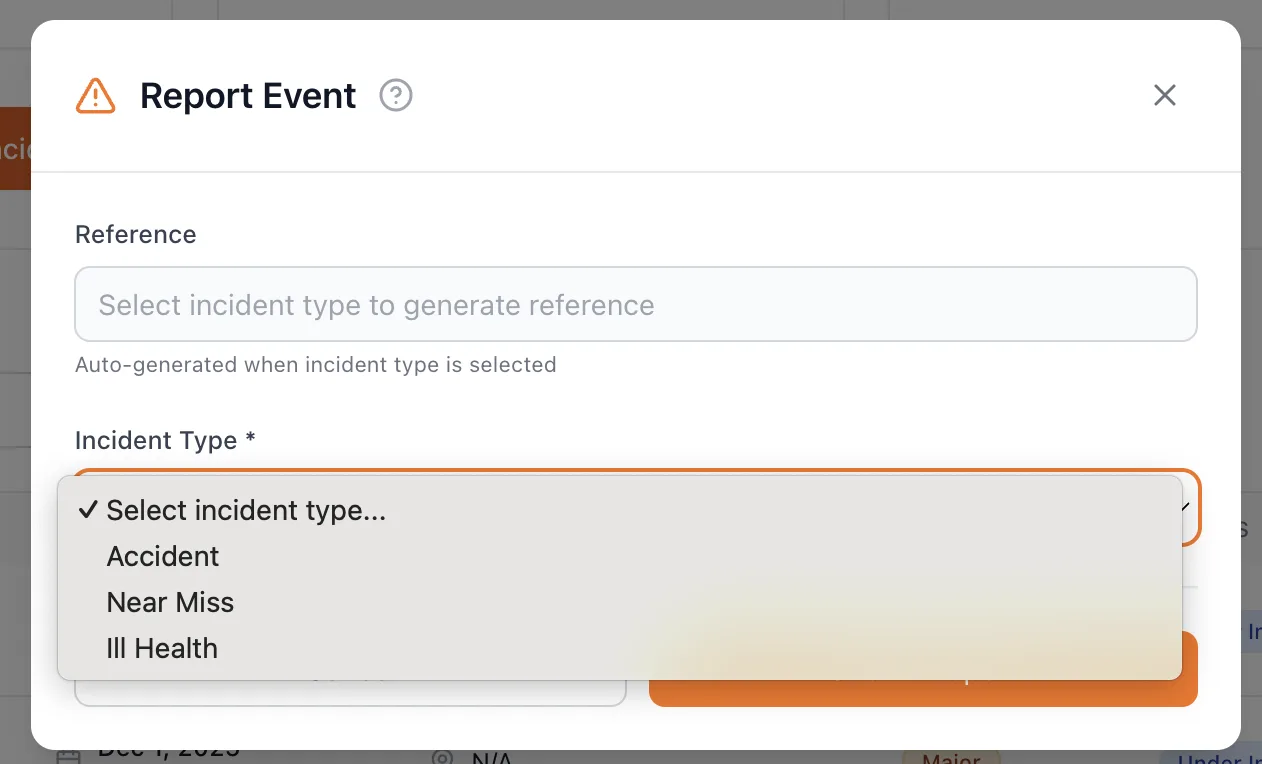 Selecting incident type in Safety Mate®