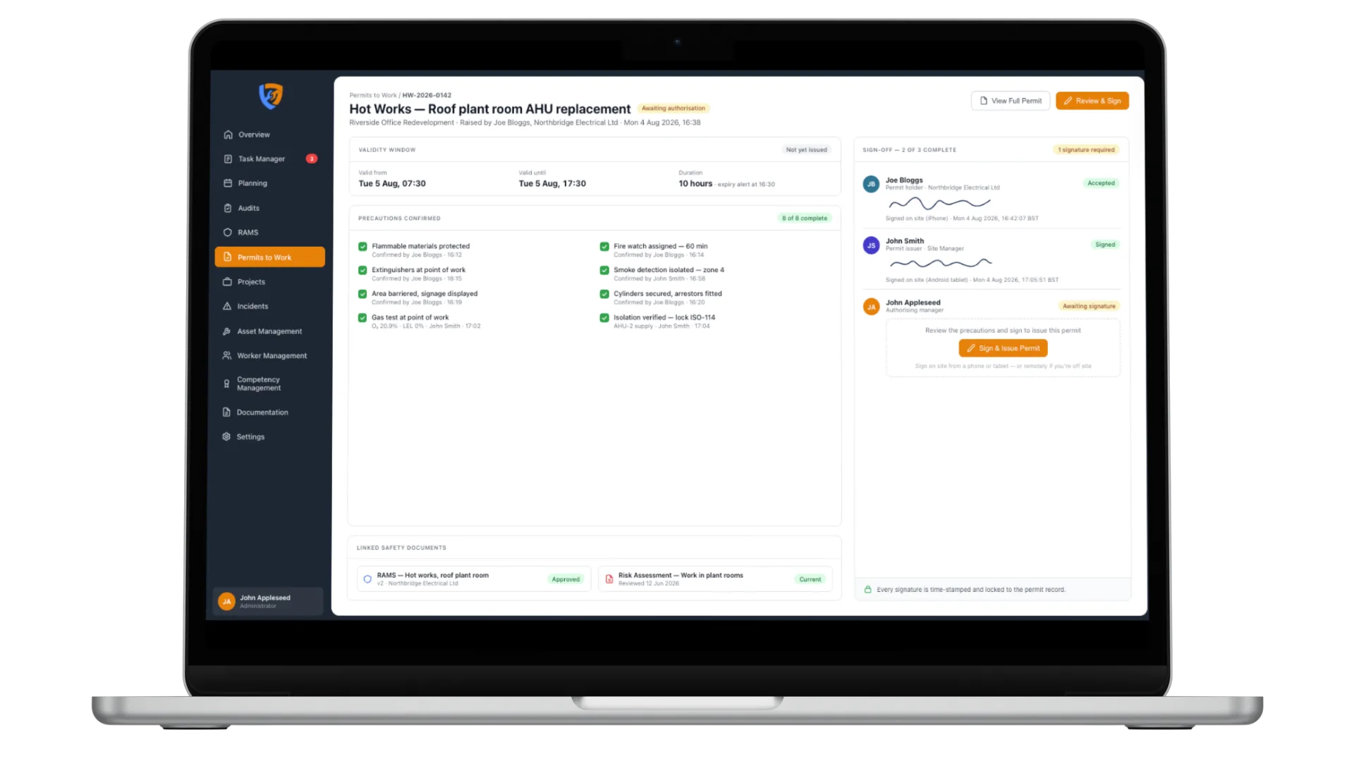 Authorising a permit to work with time-stamped digital signatures in Safety Mate®