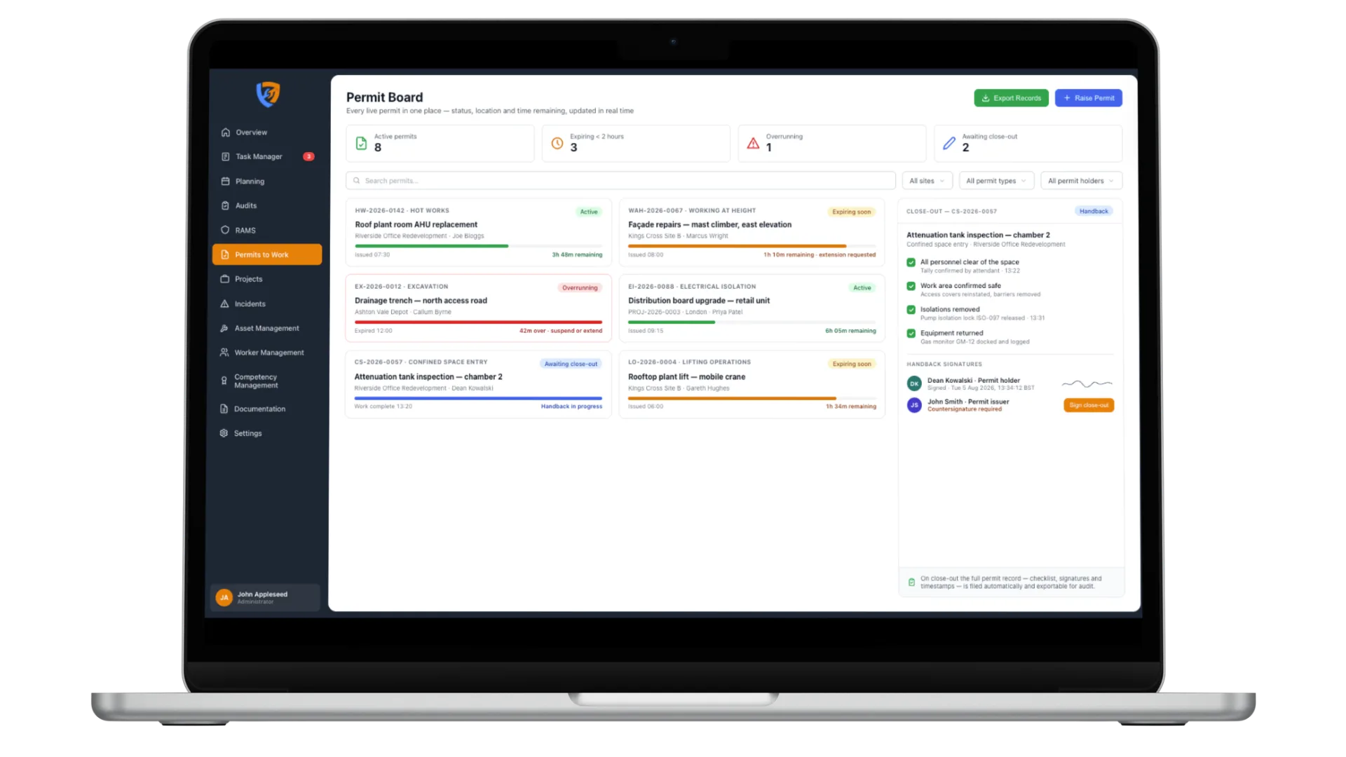 Live permit to work board in Safety Mate® showing open and expiring permits