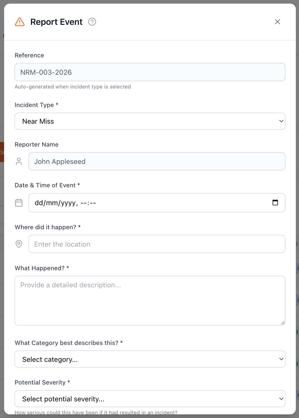 Incident report form in Safety Mate®