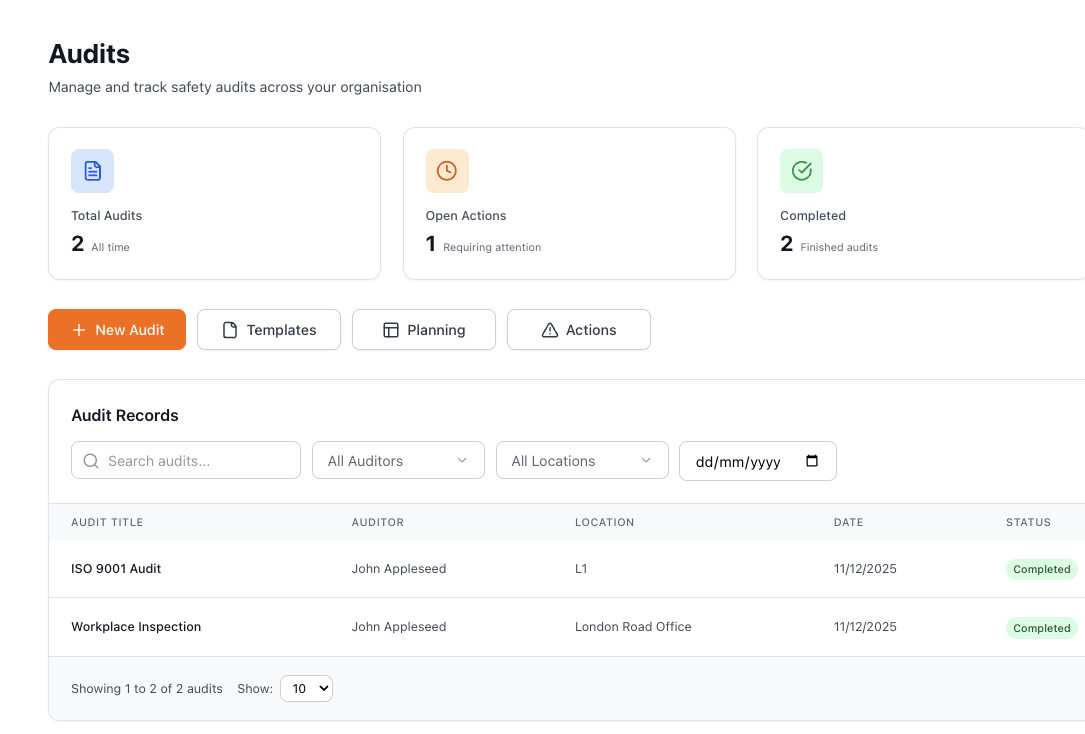 Safety Mate® audits screen